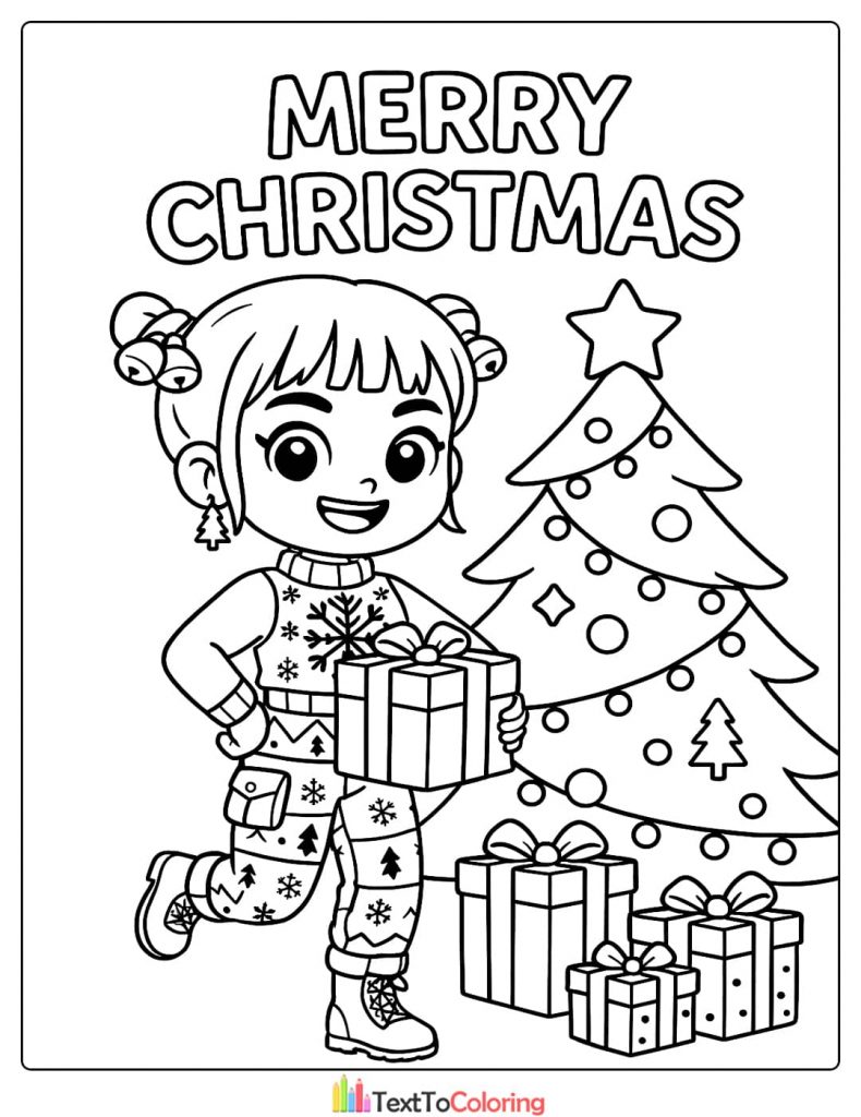 Chibi Zoey decorating a Christmas tree with a reindeer Kpop Demon Hunters Coloring Pages