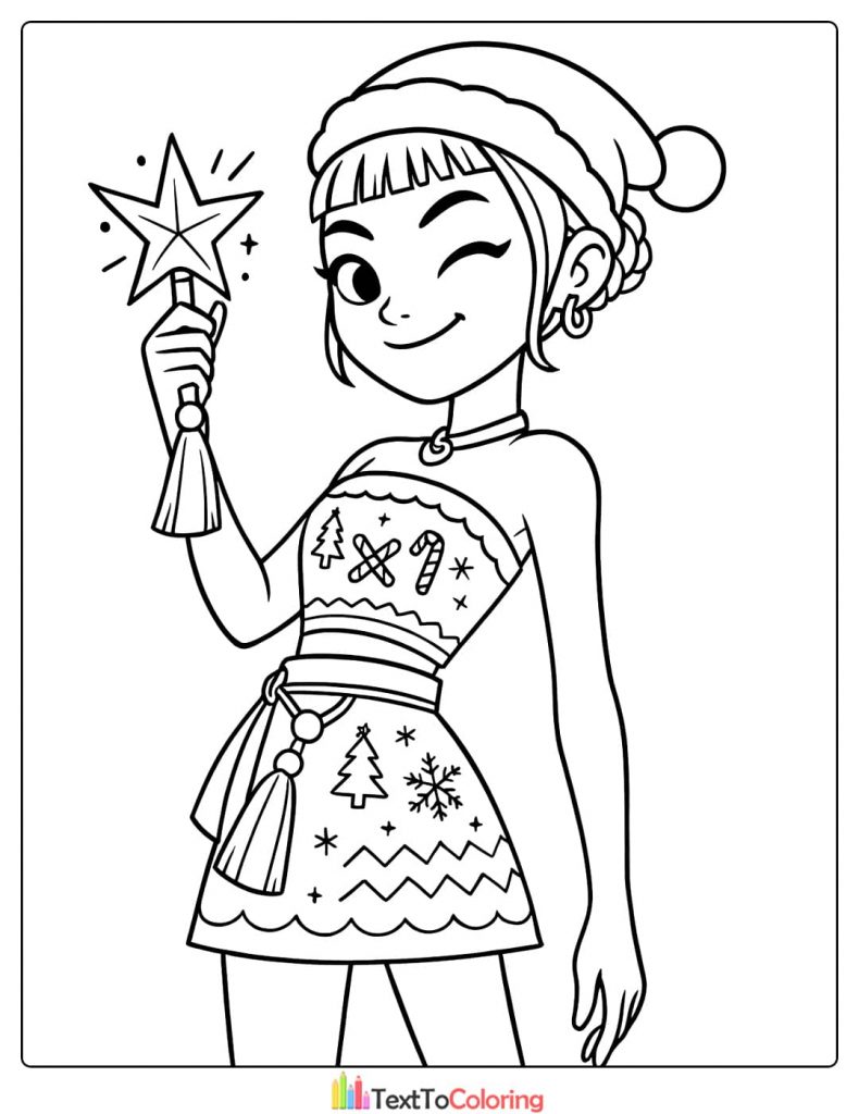 Zoey in Christmas outfit holding star wand Kpop Demon Hunters Coloring Pages