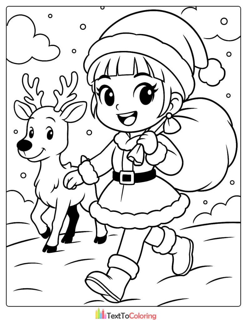 Chibi Zoey in Santa costume walking with a reindeer Kpop Demon Hunters Coloring Pages