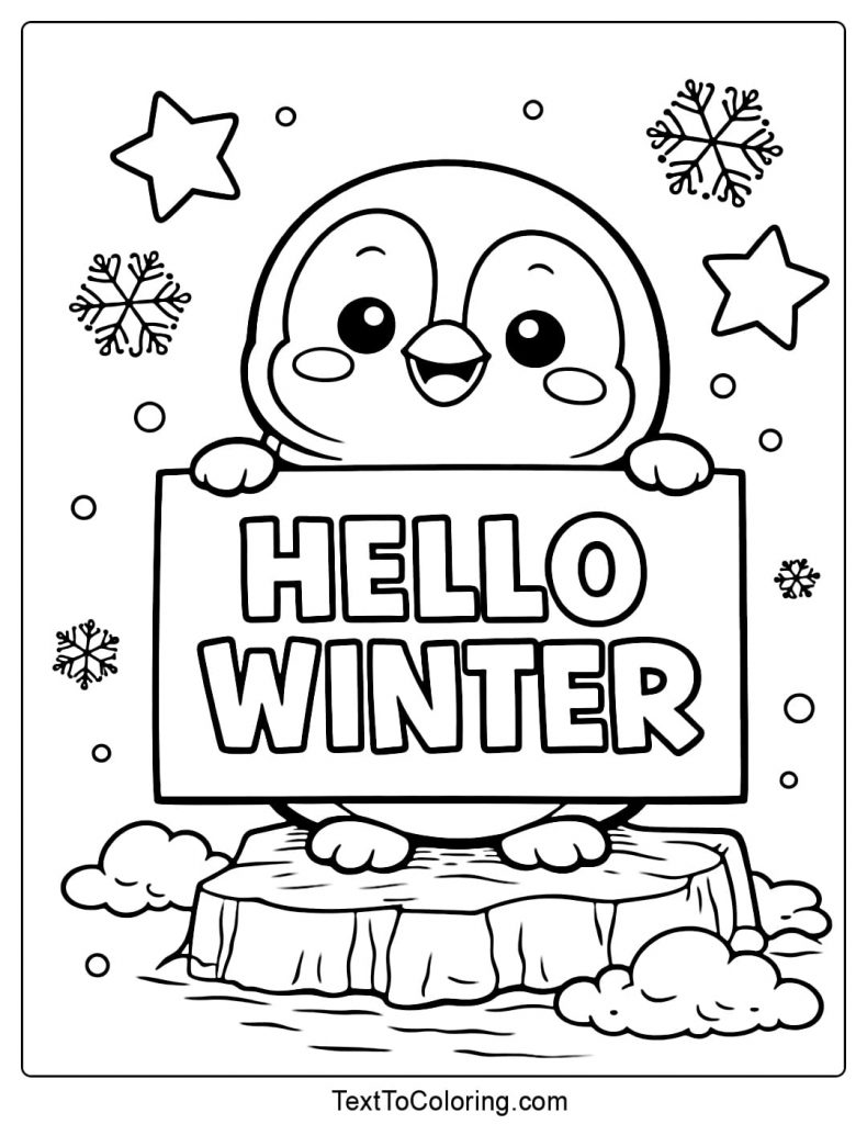 Penguin Holding Hello Winter Sign Coloring Page