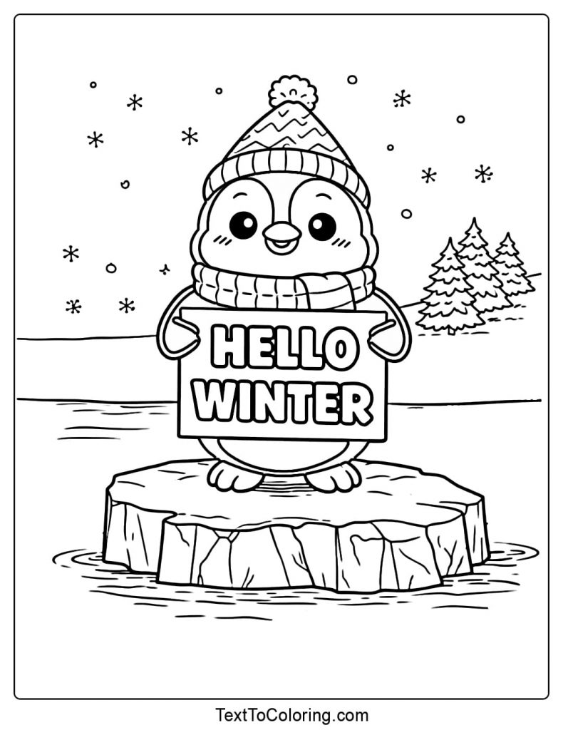 Penguin Holding Hello Winter Sign Coloring Page