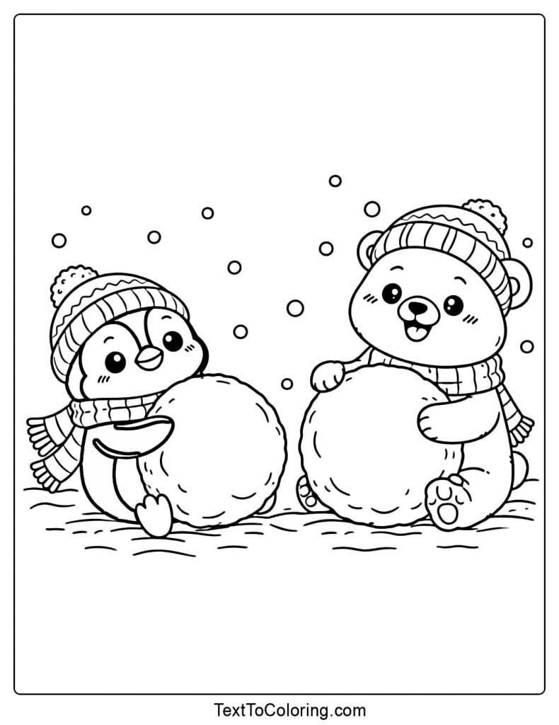 Penguin And Bear Playing With Snowballs Coloring Page