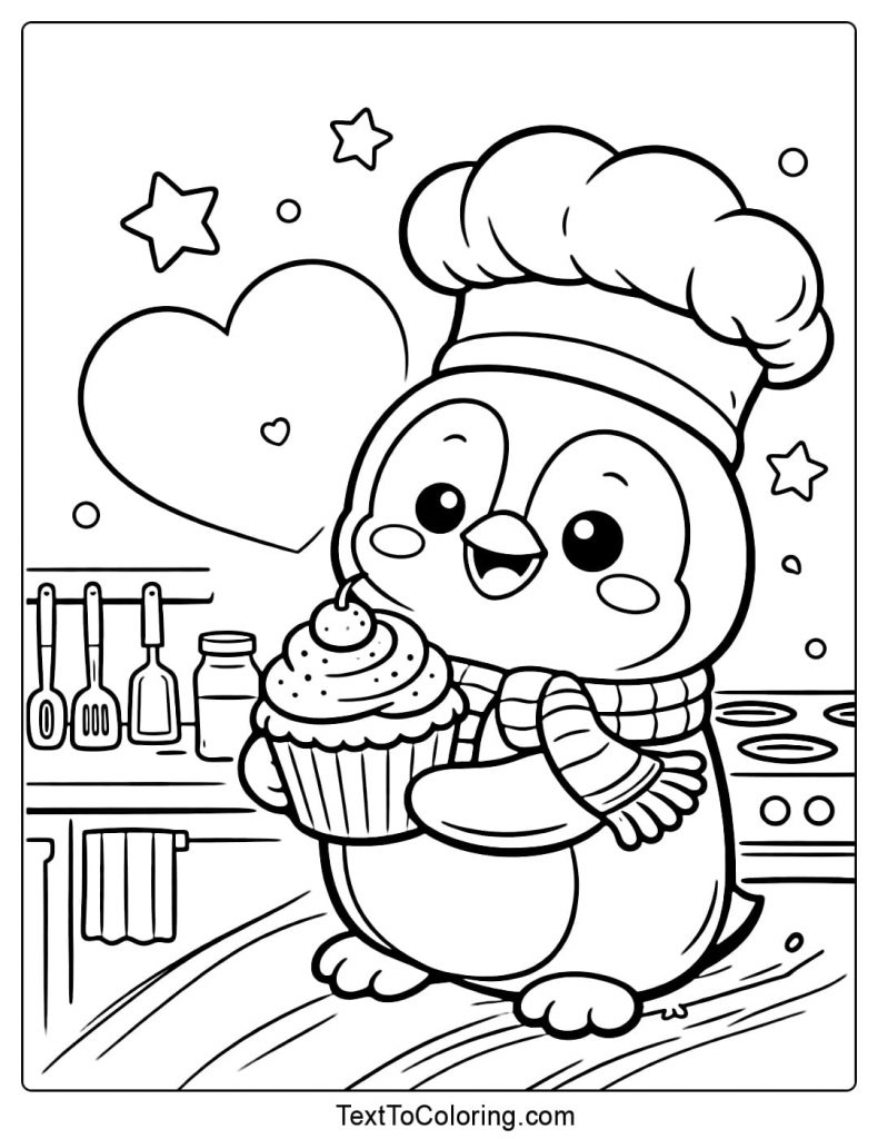 Penguin Chef Holding Cupcake Coloring Page