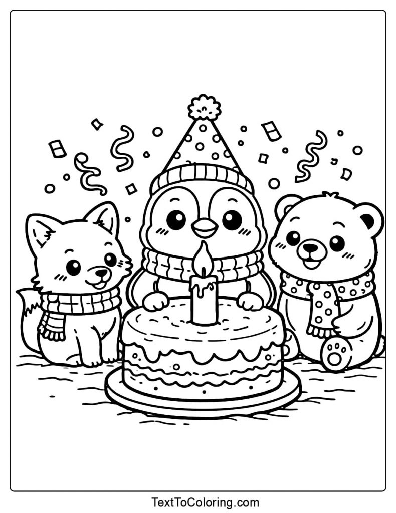 Penguin Celebrating Birthday With Friends Coloring Page