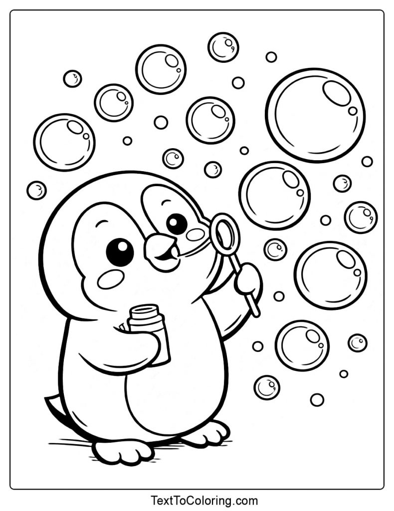 Penguin Playing With Soap Bubbles Coloring Page