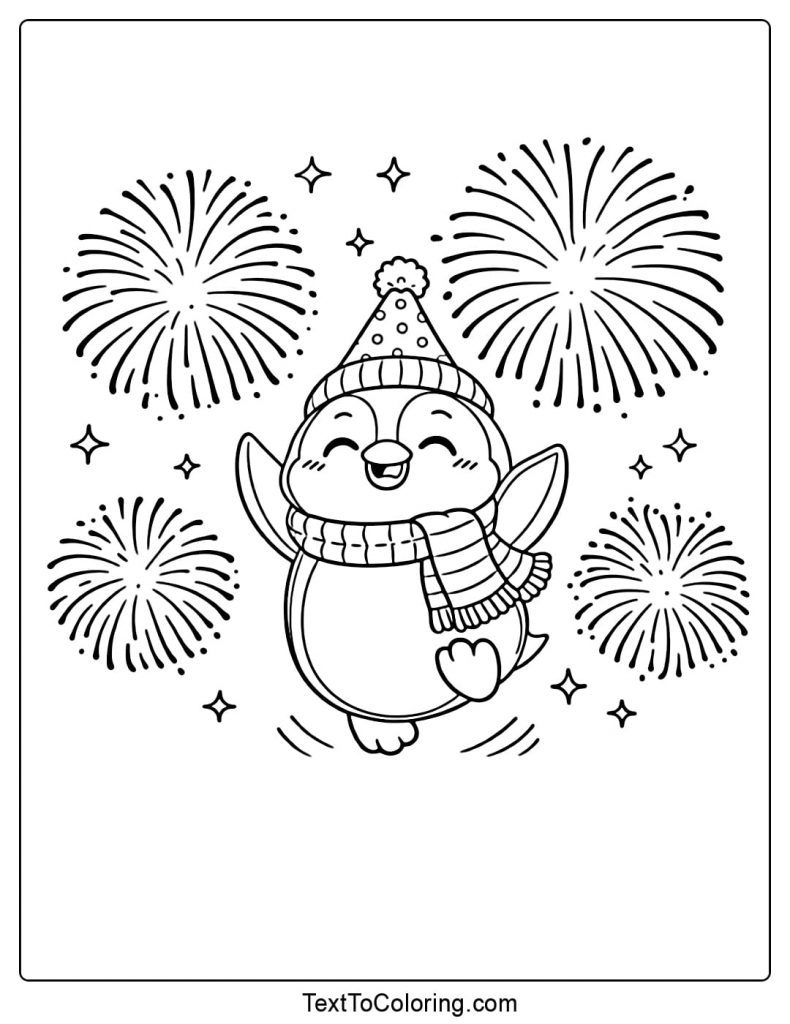 Happy Penguin With Fireworks Coloring Page