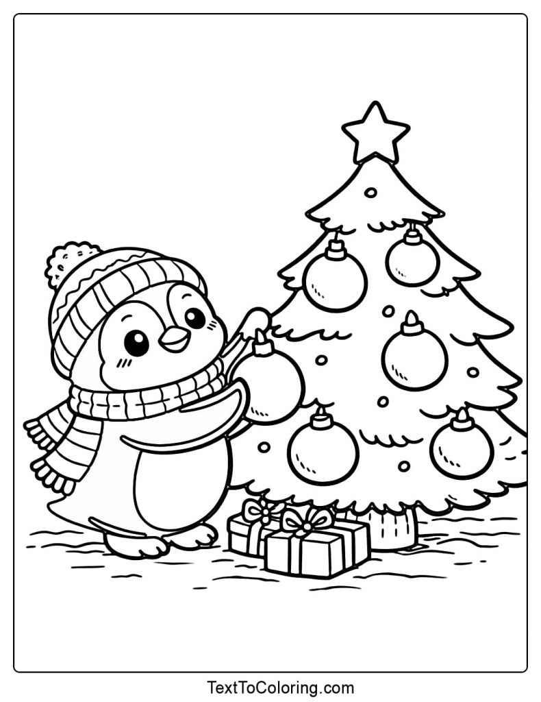 Penguin Decorating Christmas Tree Coloring Page