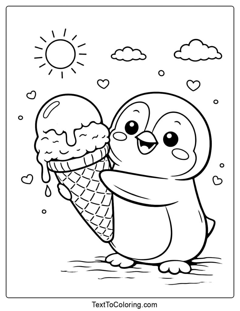 Penguin Holding Ice Cream Coloring Page