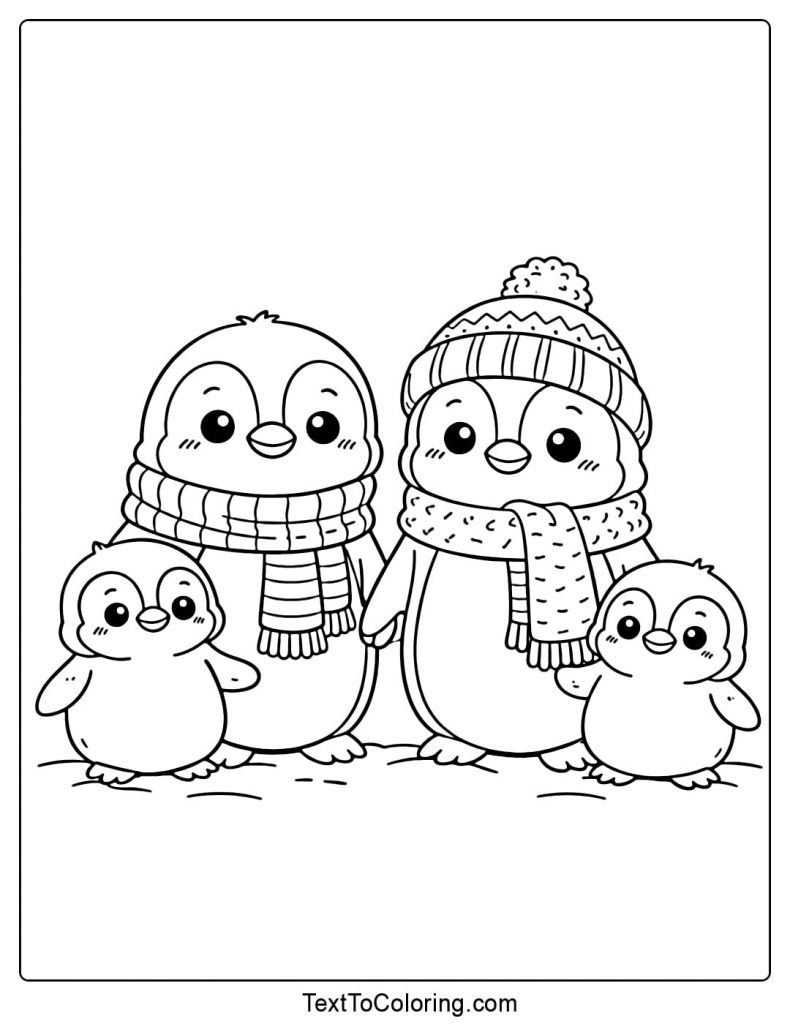 Penguin Family Standing Together Coloring Page