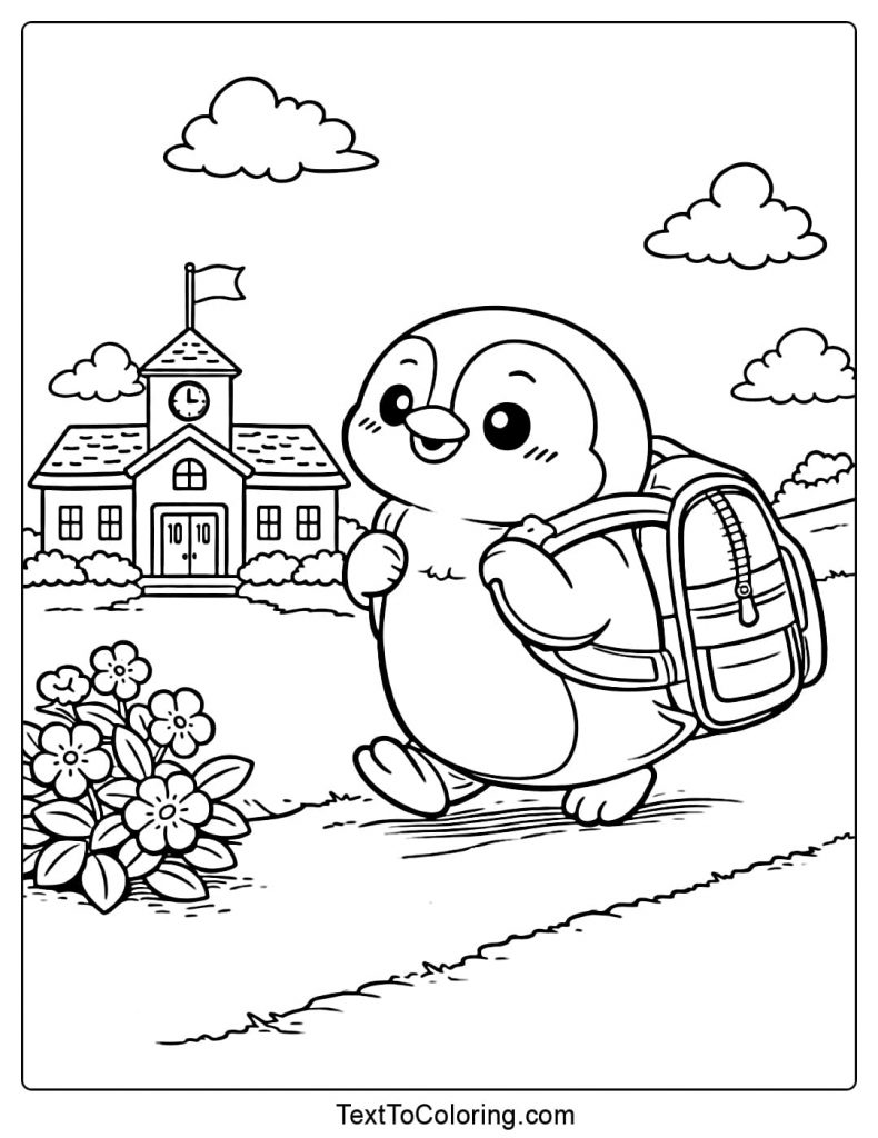 Penguin Walking With School Backpack Coloring Page