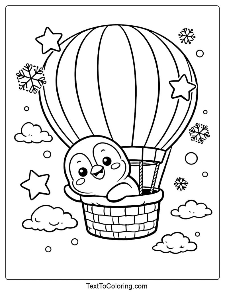 Penguin Flying In Hot Air Balloon Coloring Page