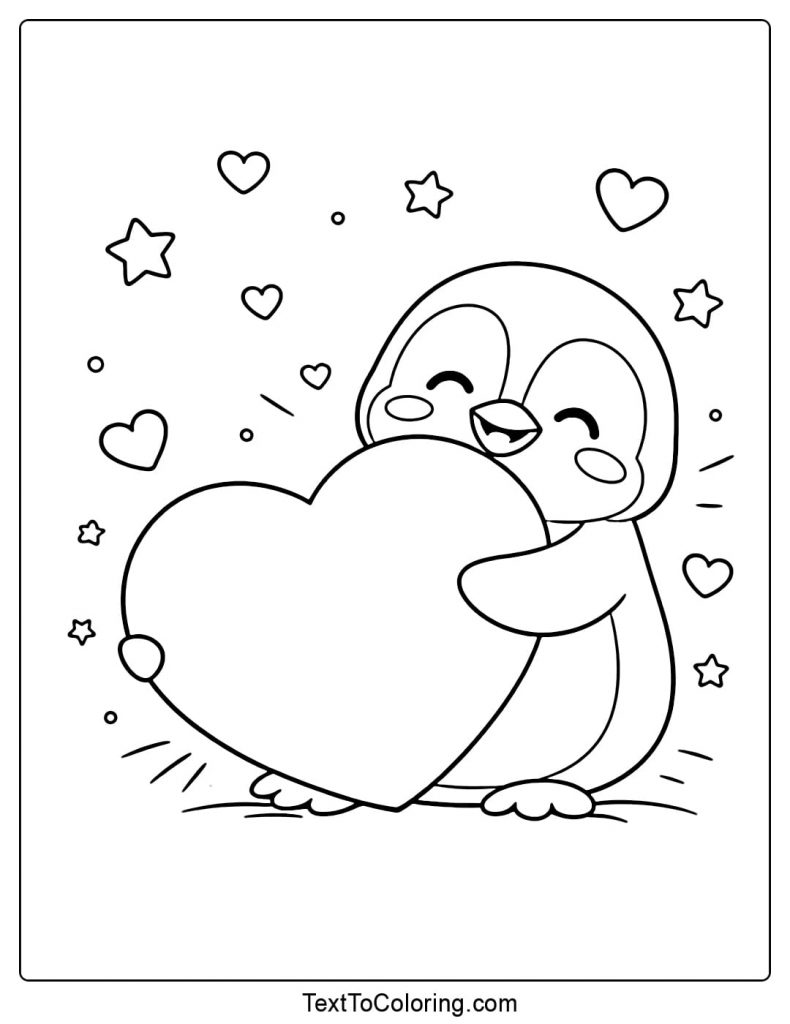 Penguin Hugging Big Heart Coloring Page