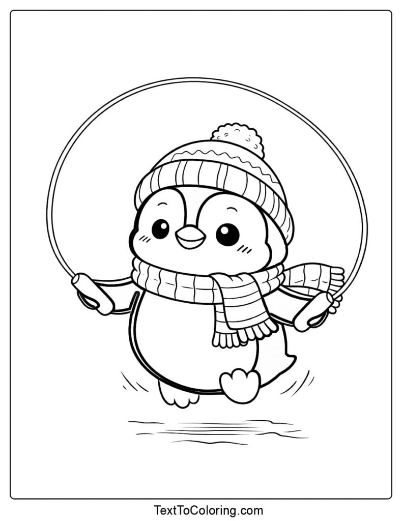 Penguin Jumping Rope In Winter Coloring Page