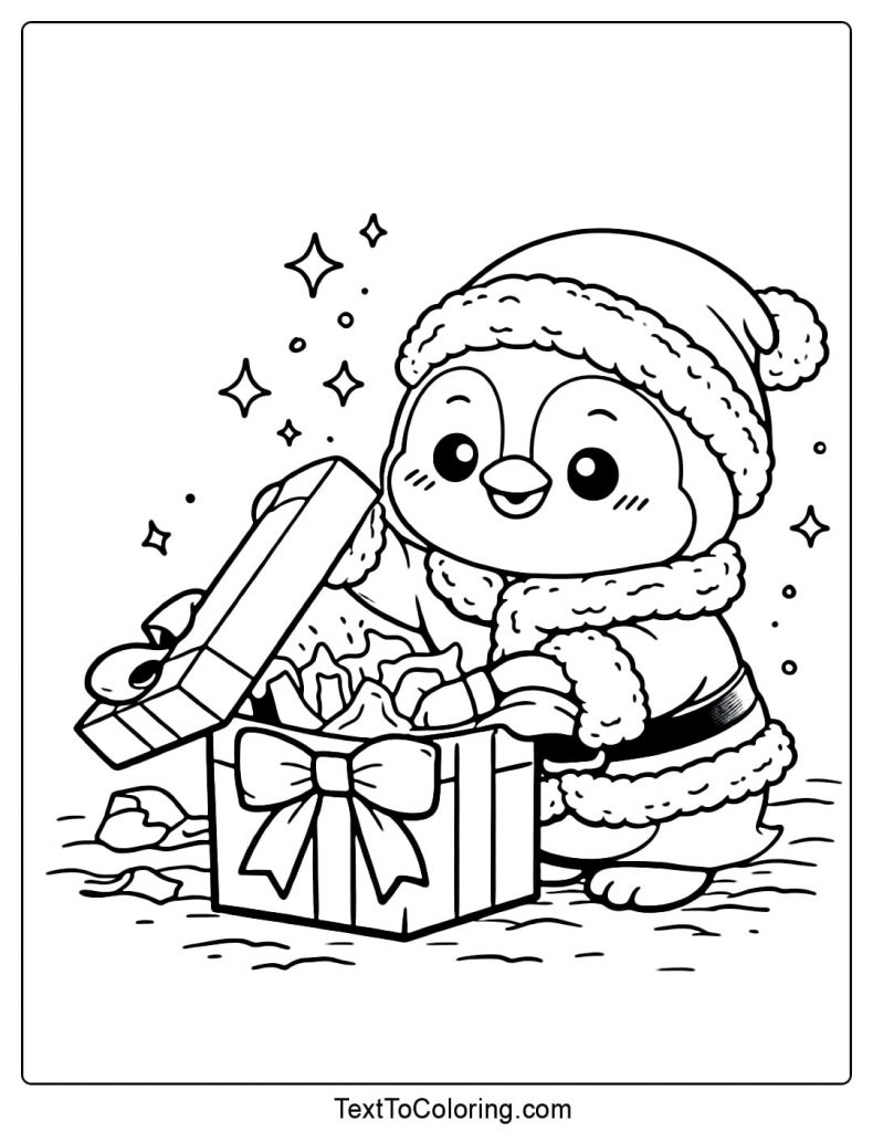 Penguin Opening Present Box Coloring Page