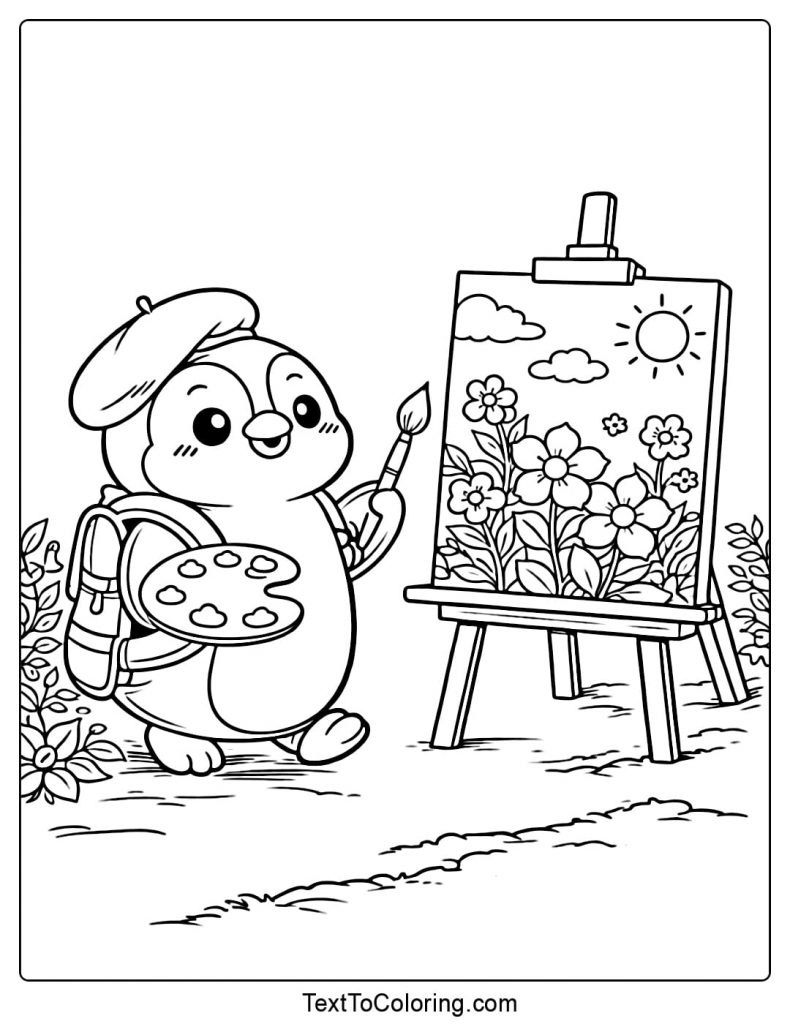 Penguin Painting On Easel Coloring Page
