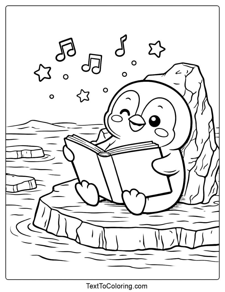 Penguin Reading Book On Ice Coloring Page