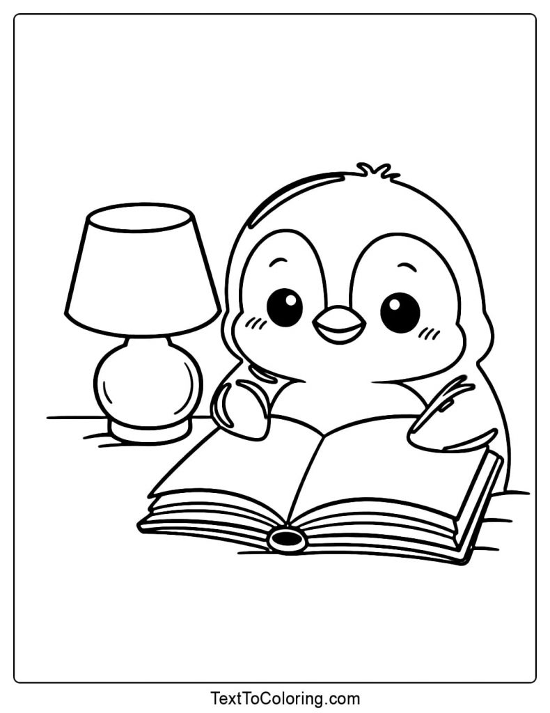 Penguin Reading Book At Desk Coloring Page