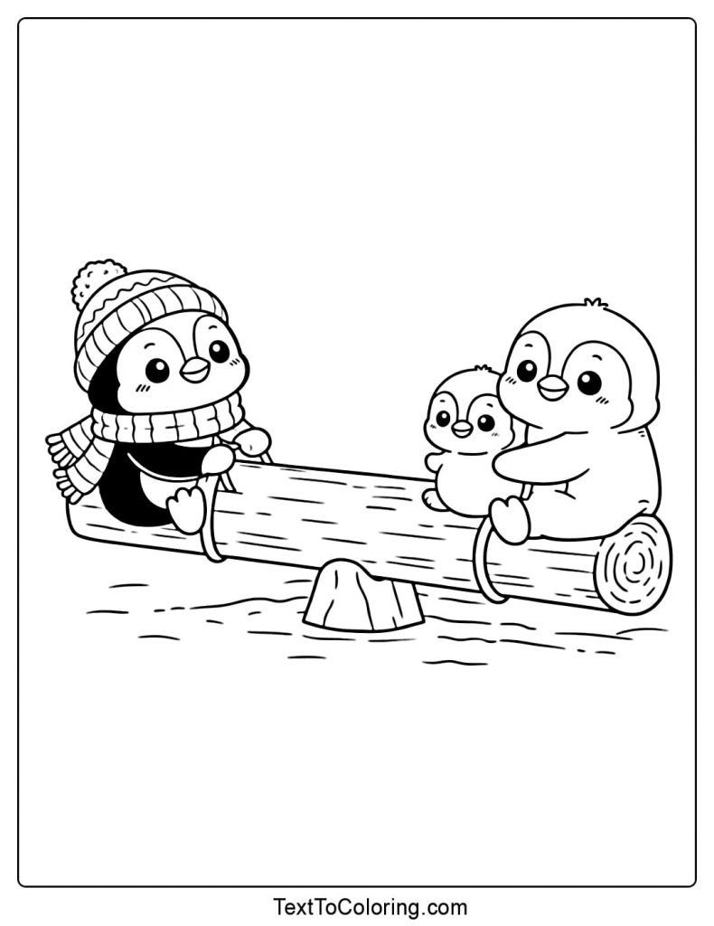 Penguins Playing Seesaw Together Coloring Page