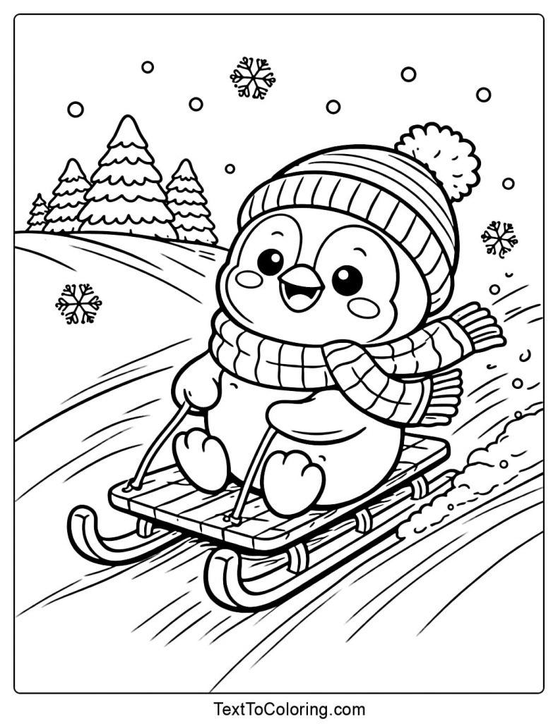 Penguin Riding Snow Sled Coloring Page