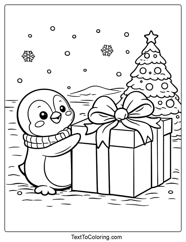 Penguin Standing With Gift Box Coloring Page