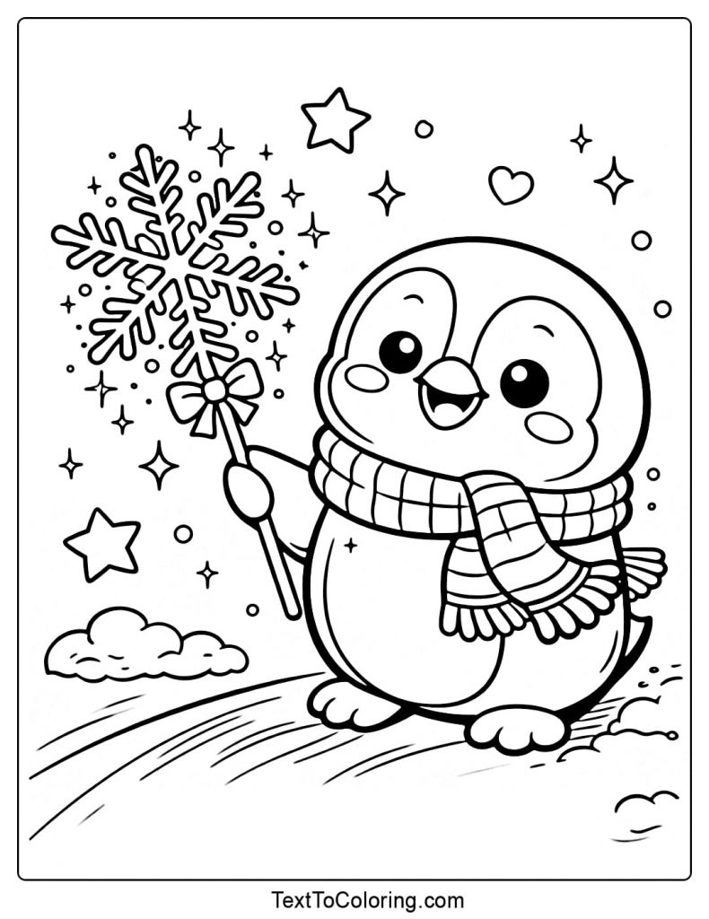 Penguin Holding Snowflake Wand Coloring Page
