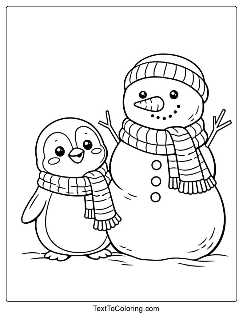 Penguin Standing Next To Snowman Coloring Page